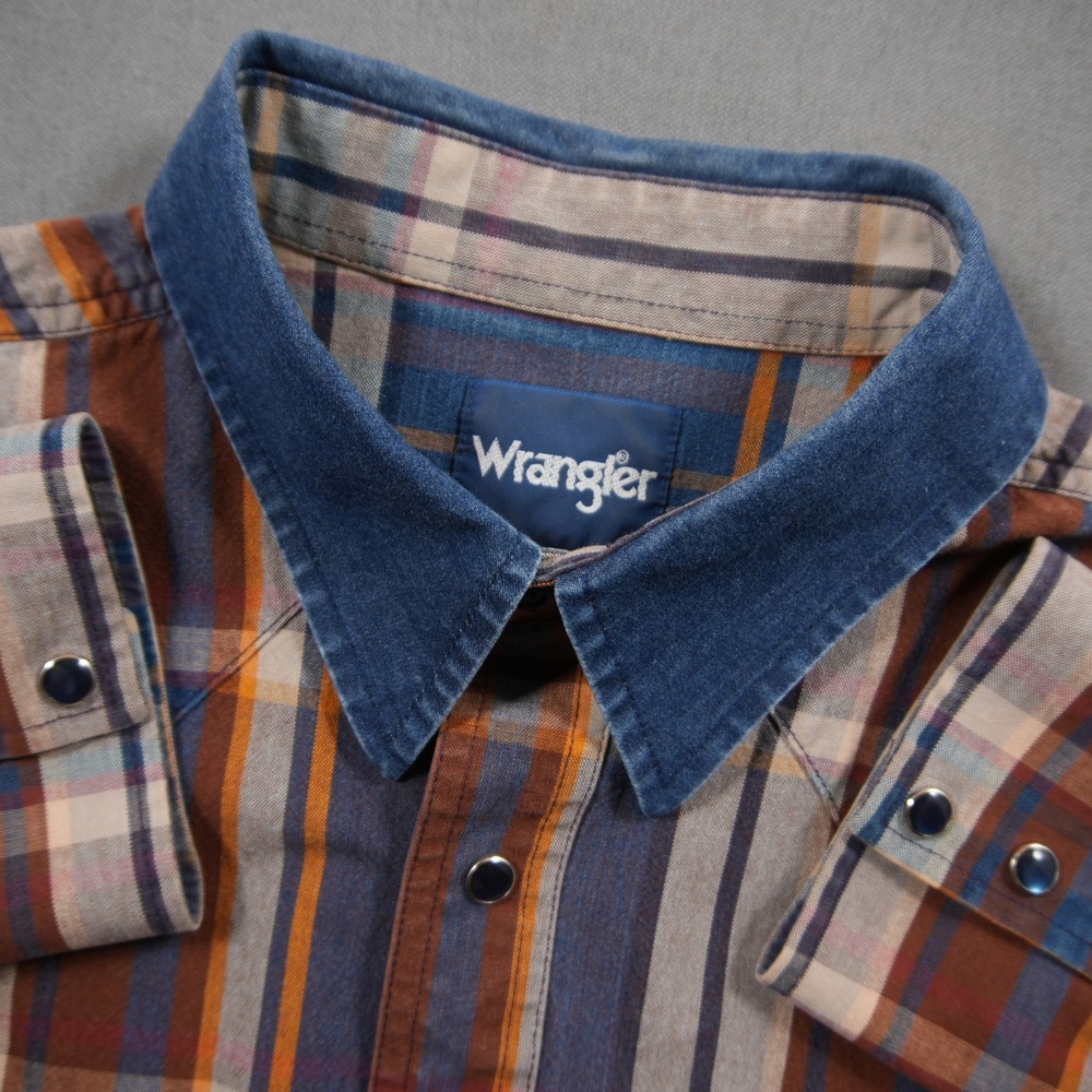Wrangler Plaid Stripe Denim Collar Western Snap Men Shirt XL Retro Rodeo College